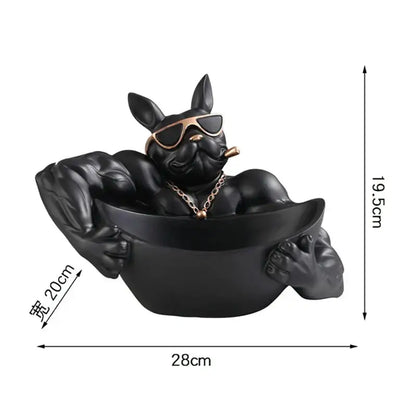 Black resin french bulldog storage box with gold sunglasses and chain lounging in matching black bowl decor