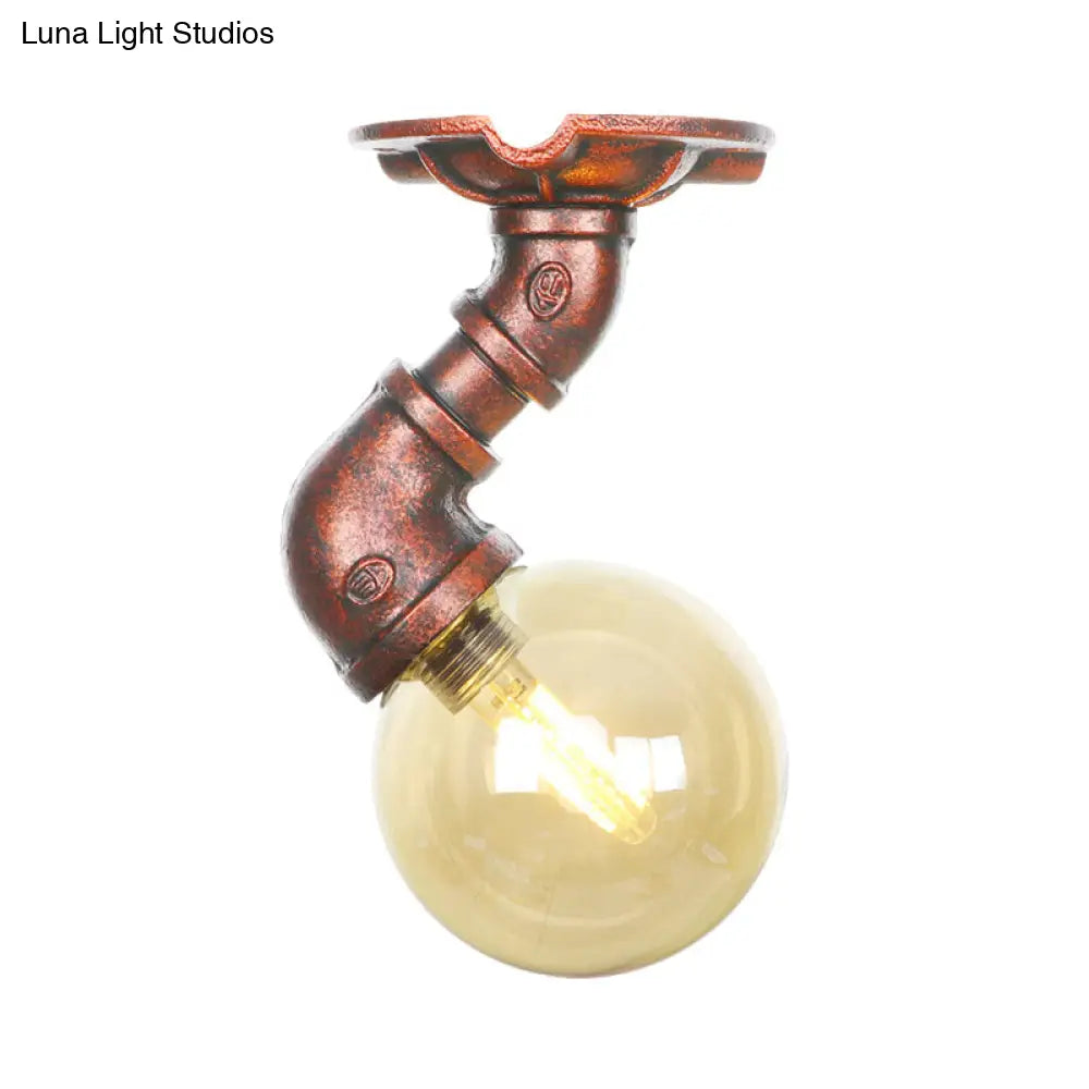 DecorBites™ DecorBites™ Copper Antique Global Semi Flush Lighting: Amber Glass LED Close to Ceiling Lamp
