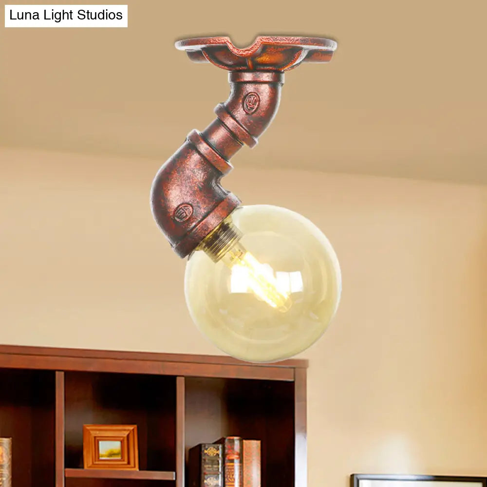 DecorBites™ DecorBites™ Copper Antique Global Semi Flush Lighting: Amber Glass LED Close to Ceiling Lamp