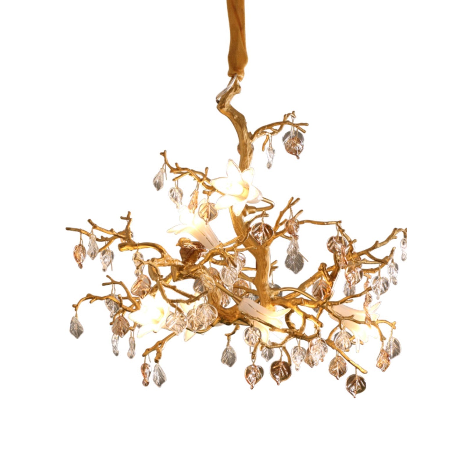 Gold tree branch chandelier with clear crystal leaves and branches