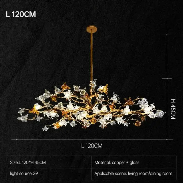 A 120cm copper branch pendant chandelier with glass arms and amber crystal flowers for living room decorbites copper branch