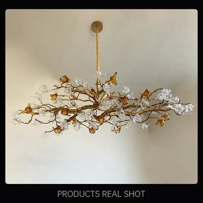 Elegant gold-toned decorbites copper branch pendant chandelier with clear and amber glass blossoms for living room decor