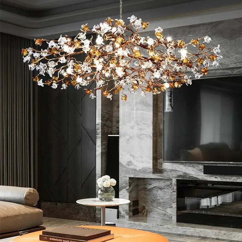 Luxurious decorbites copper branch pendant chandelier with golden branches and amber crystal blossoms for living room decor