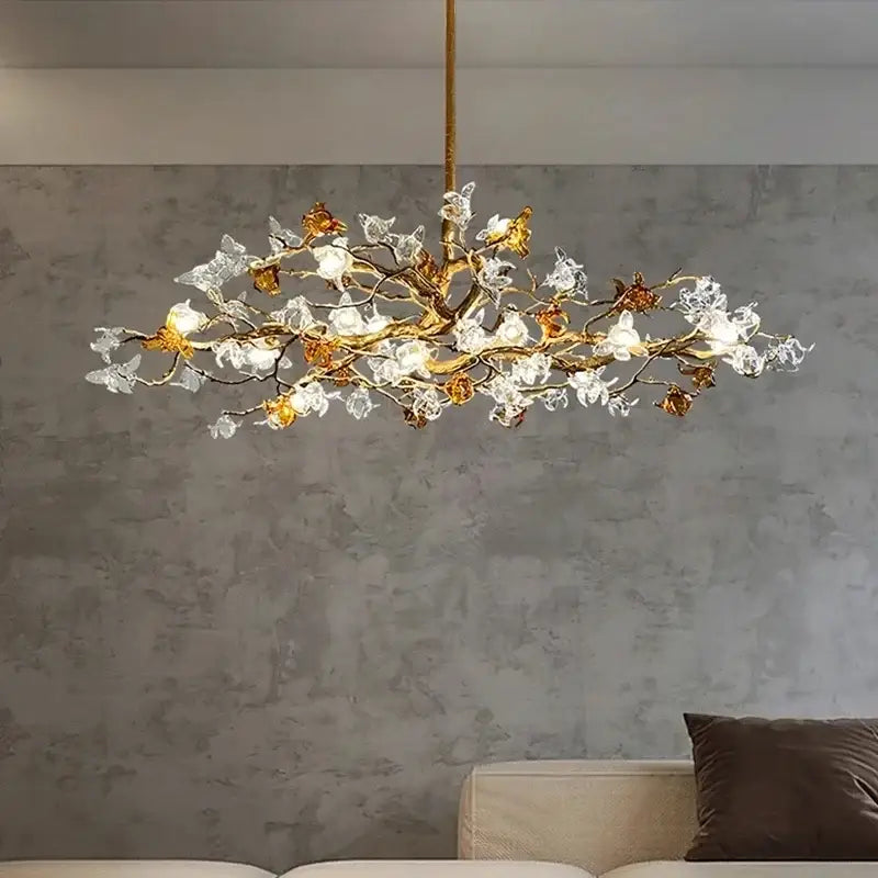 Golden copper branch pendant chandelier with clear and amber glass blossoms for living room decorbites copper branch lighting