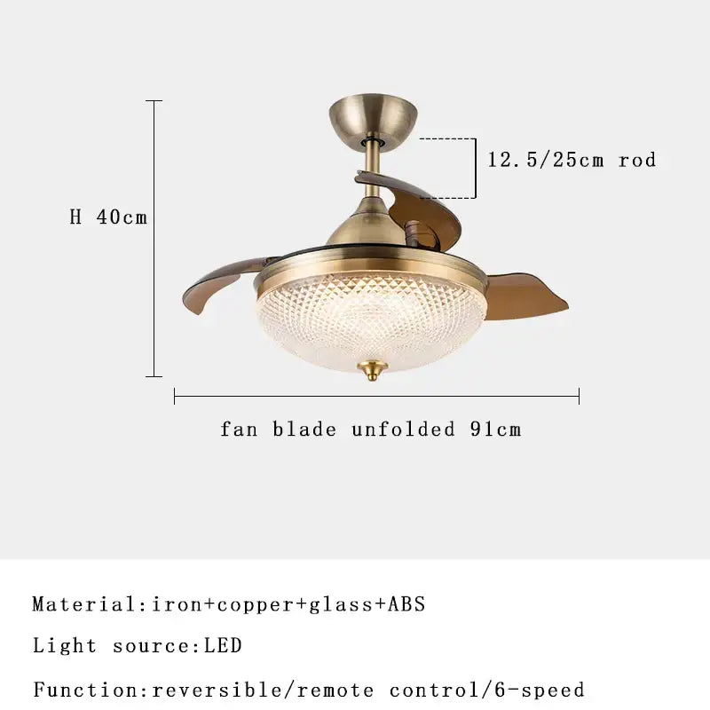 Copper bronze ceiling fan with wood blades and antique brass finish featuring integrated led light and textured glass shade by decorbites