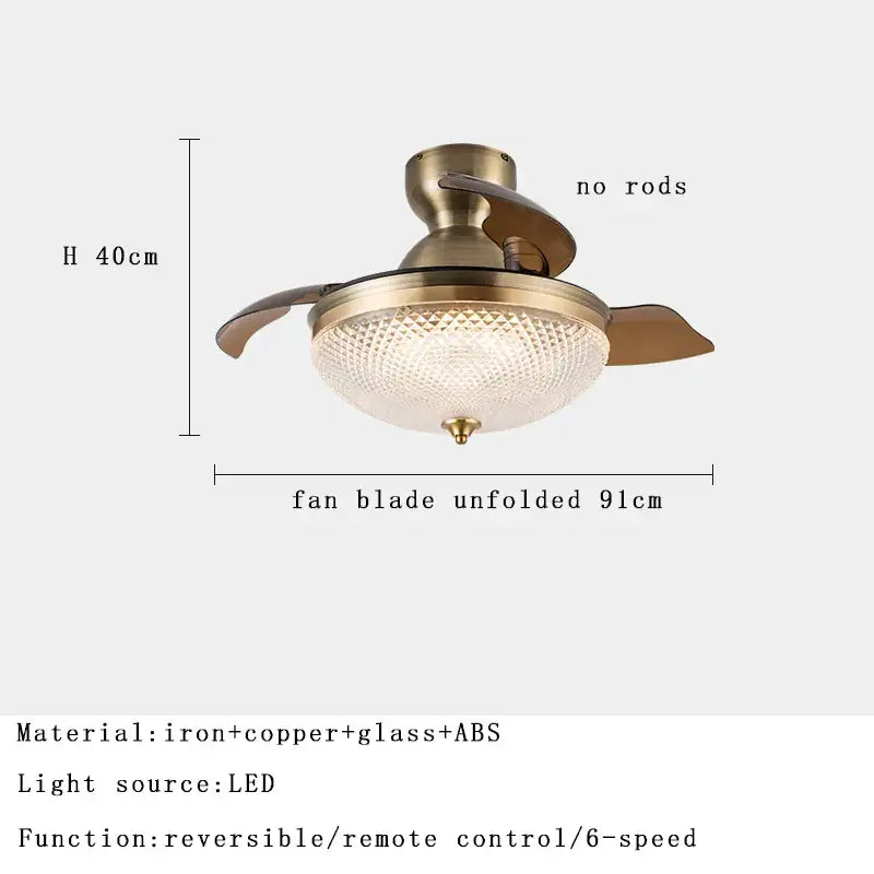 Copper bronze ceiling fan with brass finish, wood blades, integrated led light, and textured glass shade for bedroom decor
