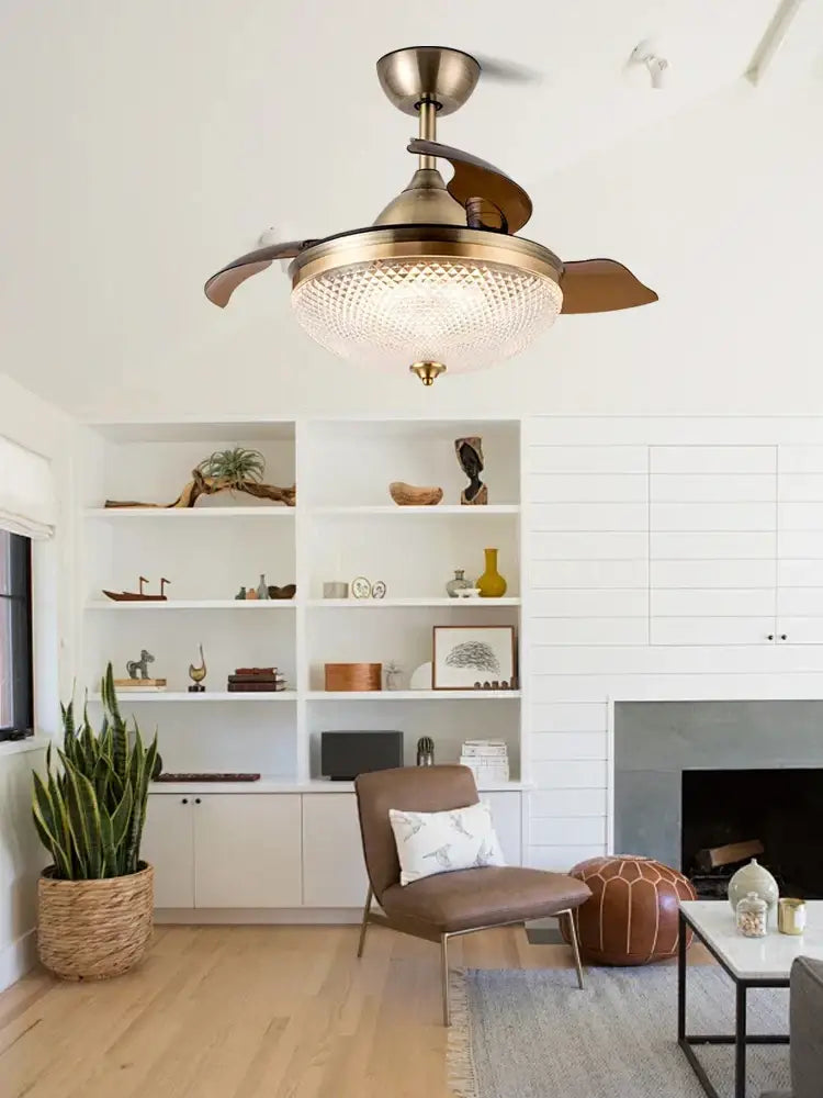 Brass-finished decorbites copper bronze ceiling fan with wood blades and textured glass shade for bedroom decor