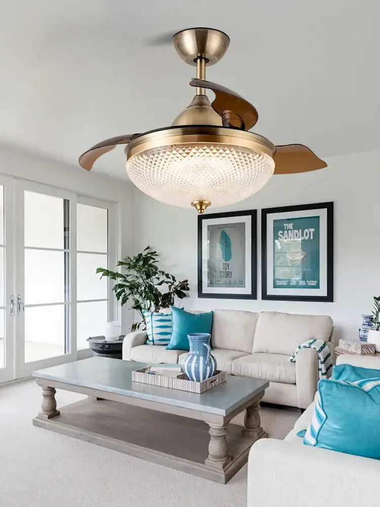 Copper bronze ceiling fan with brass finish wooden blades and textured frosted glass light fixture for bedroom decorbites