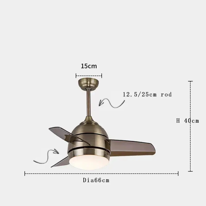 Brass-finished decorbites copper bronze ceiling fan with three dark gray blades and integrated light fixture for bedroom decor