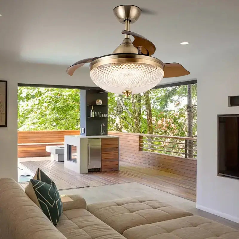 Copper bronze ceiling fan by decorbites with wood blades and textured frosted glass light for bedroom decor