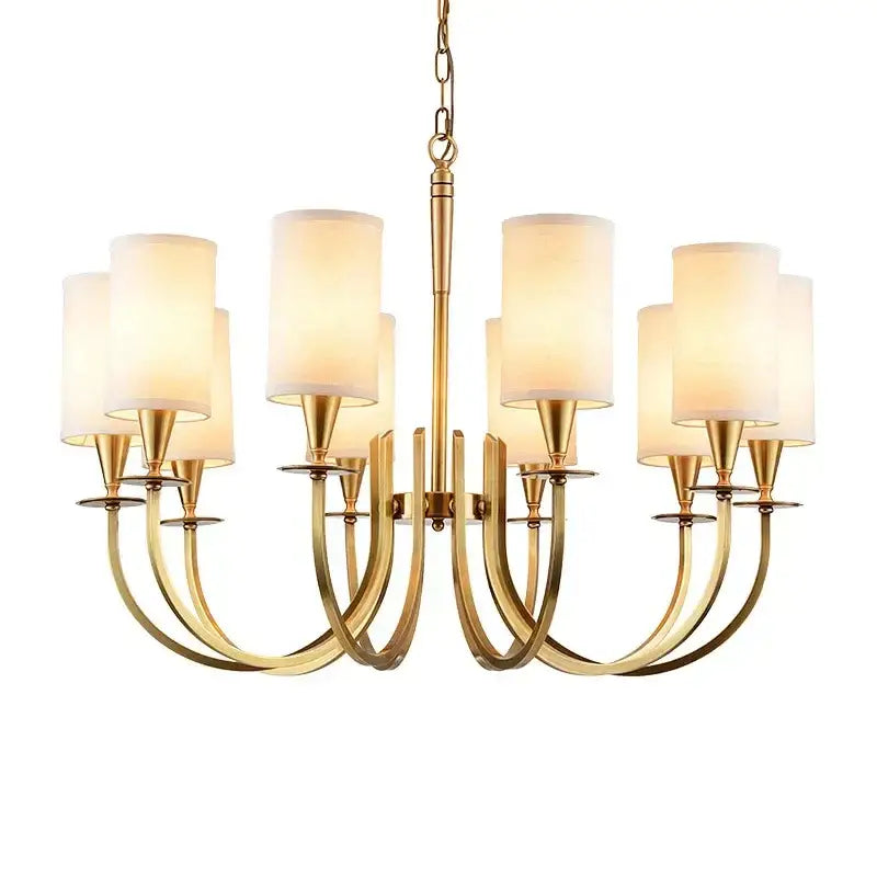 Copper ceiling chandelier by decorbites with gold-toned metal arms and eight cylindrical frosted glass shades for living room decor