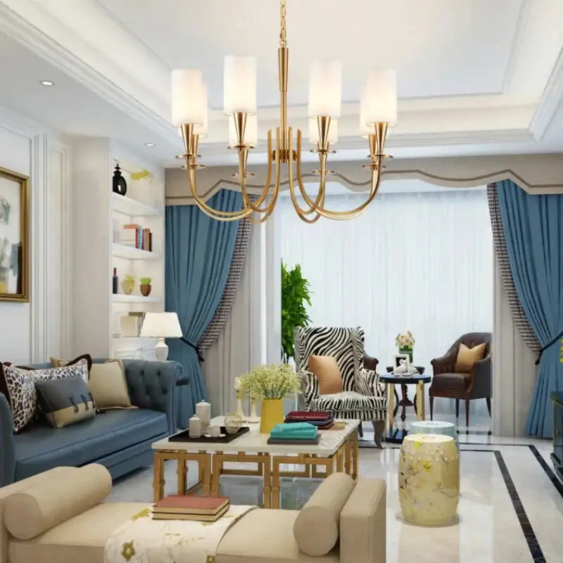 Gold-toned copper ceiling chandelier with six frosted glass shades for living room decorbites copper ceiling lighting