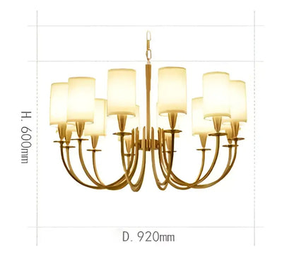 Copper ceiling chandelier by decorbites featuring gold-toned frame and twelve frosted white fabric shades for living room decor
