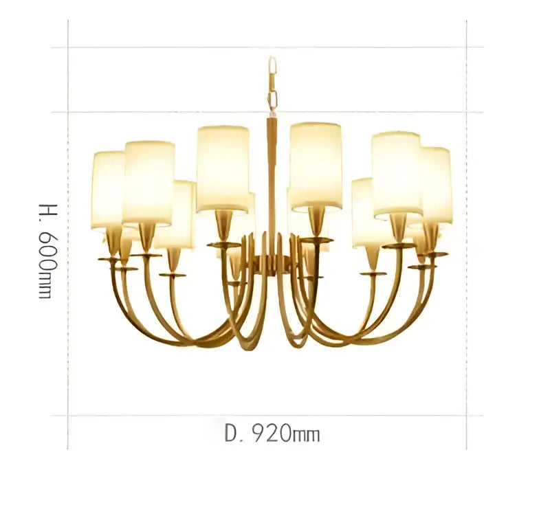 Copper ceiling chandelier by decorbites featuring gold-toned frame and twelve frosted white fabric shades for living room decor