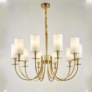 Copper ceiling chandelier by decorbites with gold tone, eight white fabric shades, and twisted rope hanging chain for living room
