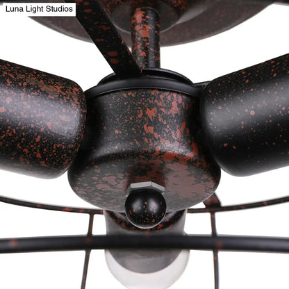 شمعدان حائطي على شكل مروحة نحاسية مع غطاء قفص من الحديد المطاوع - إضاءة داخلية على الطراز العتيق مع 3 مصابيح