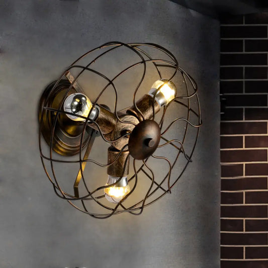 Copper Fan Wall Sconce with Wrought Iron Cage Shade - Antique Style Indoor Lighting with 3 Lights