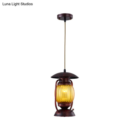 Copper Farmhouse Amber Glass Lantern Pendant Light