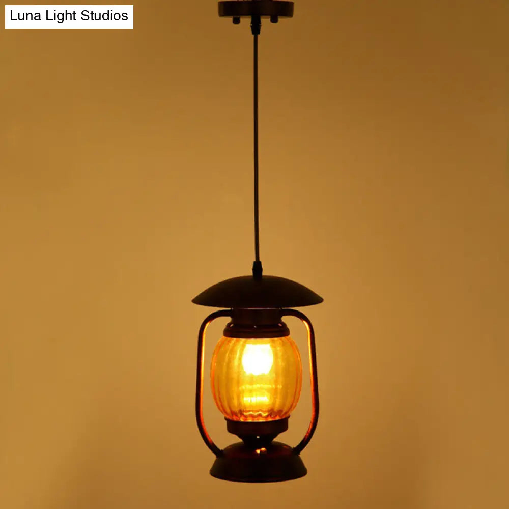 Copper Farmhouse Amber Glass Lantern Pendant Light