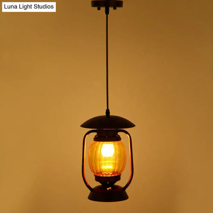 Copper Farmhouse Amber Glass Lantern Pendant Light