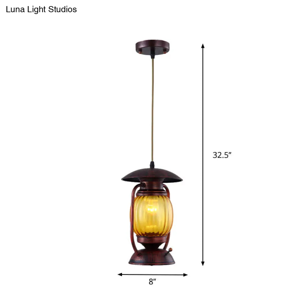 Copper Farmhouse Amber Glass Lantern Pendant Light