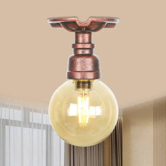 DecorBites™ DecorBites™ Copper Finish Semi Flush Mount Vintage Ceiling Lamp with Amber Glass Orb