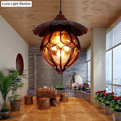 Copper Industrial Global/Ring Pendant Light with Cognac Glass Shade, Adjustable 23.5" Chain - Kitchen Hanging Lighting