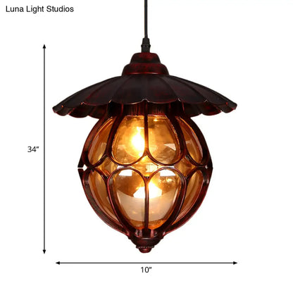 Copper Industrial Global/Ring Pendant Light with Cognac Glass Shade, Adjustable 23.5" Chain - Kitchen Hanging Lighting