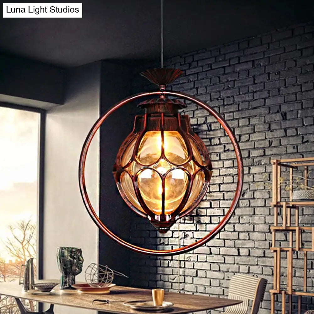 Copper Industrial Global/Ring Pendant Light with Cognac Glass Shade, Adjustable 23.5" Chain - Kitchen Hanging Lighting