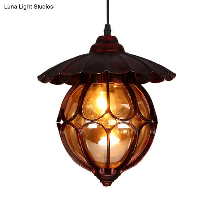 Copper Industrial Global/Ring Pendant Light with Cognac Glass Shade, Adjustable 23.5" Chain - Kitchen Hanging Lighting