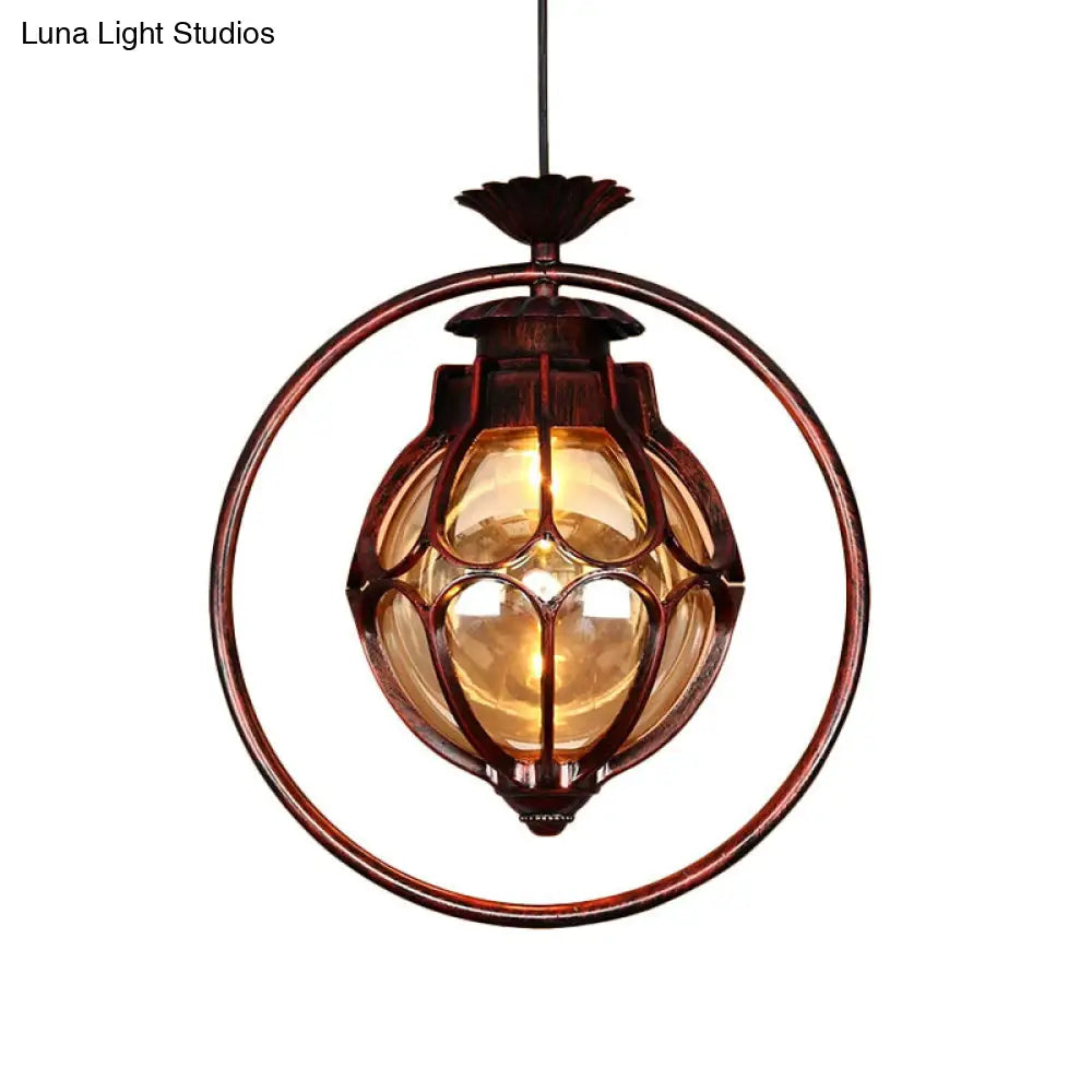 Copper Industrial Global/Ring Pendant Light with Cognac Glass Shade, Adjustable 23.5" Chain - Kitchen Hanging Lighting