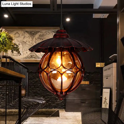 Copper Industrial Global/Ring Pendant Light with Cognac Glass Shade, Adjustable 23.5" Chain - Kitchen Hanging Lighting