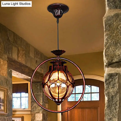 Copper Industrial Global/Ring Pendant Light with Cognac Glass Shade, Adjustable 23.5" Chain - Kitchen Hanging Lighting