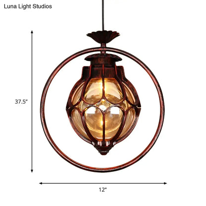 Copper Industrial Global/Ring Pendant Light with Cognac Glass Shade, Adjustable 23.5" Chain - Kitchen Hanging Lighting