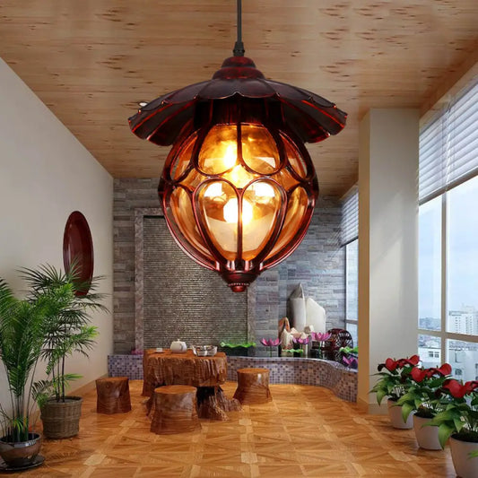 Copper Industrial Global/Ring Pendant Light with Cognac Glass Shade, Adjustable 23.5" Chain - Kitchen Hanging Lighting