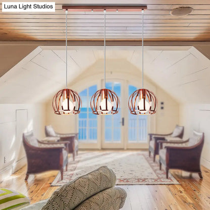 Copper Industrial Pendant Lamp with 3 Metal Dome Shades and Wire Cage - Perfect for Living Room Ceiling