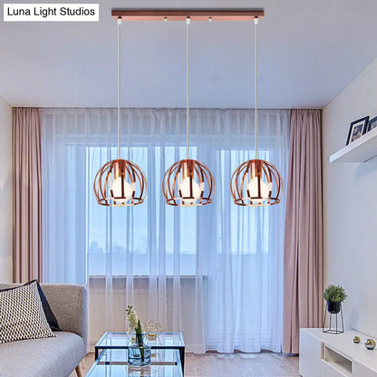 Copper Industrial Pendant Lamp with 3 Metal Dome Shades and Wire Cage - Perfect for Living Room Ceiling