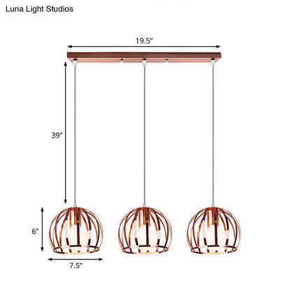 Copper Industrial Pendant Lamp with 3 Metal Dome Shades and Wire Cage - Perfect for Living Room Ceiling