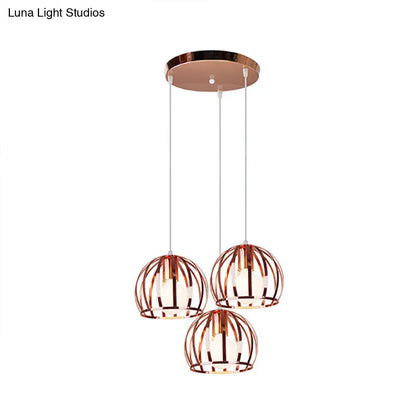 Copper Industrial Pendant Lamp with 3 Metal Dome Shades and Wire Cage - Perfect for Living Room Ceiling