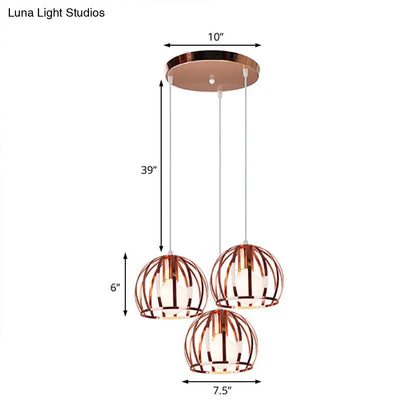 Copper Industrial Pendant Lamp with 3 Metal Dome Shades and Wire Cage - Perfect for Living Room Ceiling