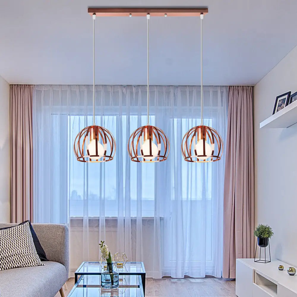 Copper Industrial Pendant Lamp with 3 Metal Dome Shades and Wire Cage - Perfect for Living Room Ceiling