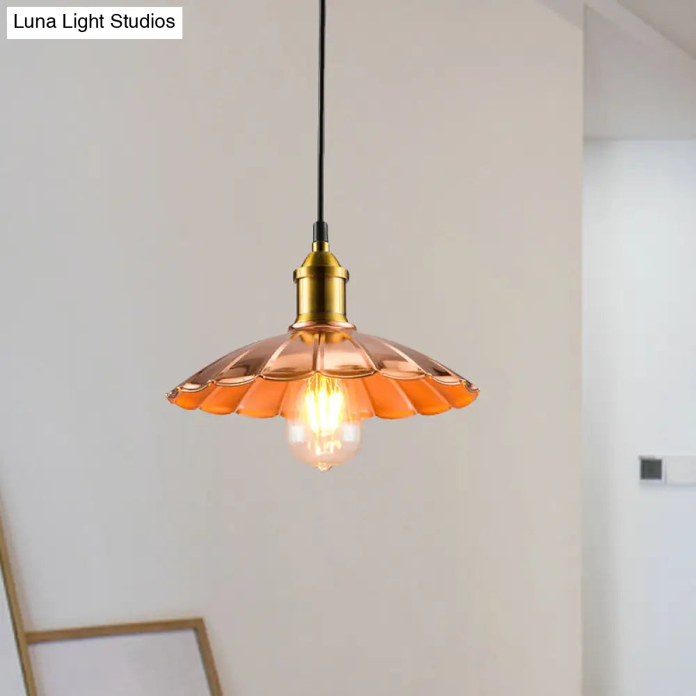 Copper Industrial Scalloped Pendant Lighting - 1 Light Metallic Hanging Lamp for Bedroom