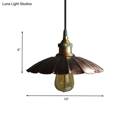 Copper Iron Ceiling Pendant Light with Antiqued Scalloped Drop Design - 1 Bulb, 10"/14"/16.5" Wide Hang Fixture