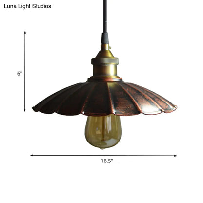 Copper Iron Ceiling Pendant Light with Antiqued Scalloped Drop Design - 1 Bulb, 10"/14"/16.5" Wide Hang Fixture