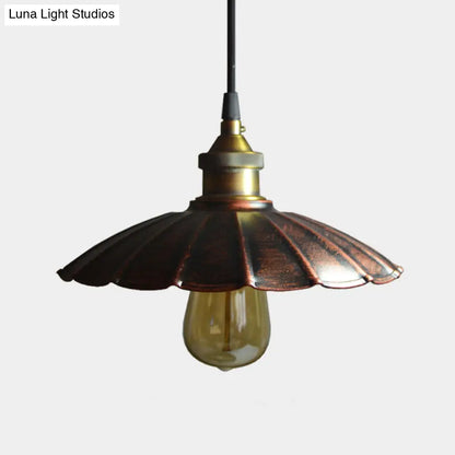 Copper Iron Ceiling Pendant Light with Antiqued Scalloped Drop Design - 1 Bulb, 10"/14"/16.5" Wide Hang Fixture