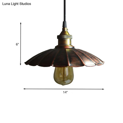 Copper Iron Ceiling Pendant Light with Antiqued Scalloped Drop Design - 1 Bulb, 10"/14"/16.5" Wide Hang Fixture