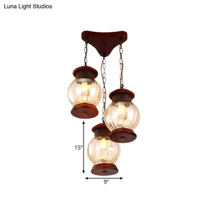 Copper Pendant Light with Tan Glass Shade - Factory Lantern Cluster Design