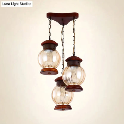 Copper Pendant Light with Tan Glass Shade - Factory Lantern Cluster Design