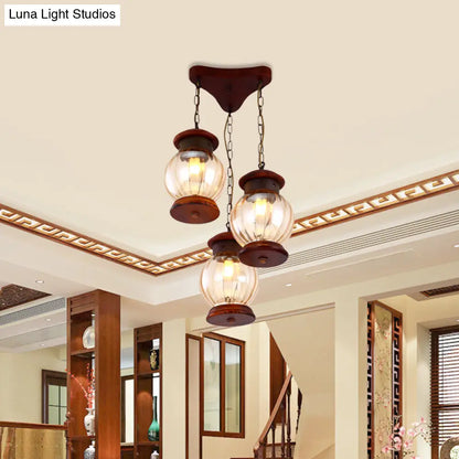 Copper Pendant Light with Tan Glass Shade - Factory Lantern Cluster Design