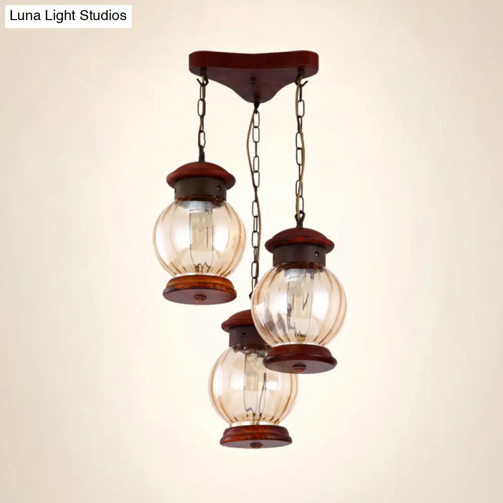 Copper Pendant Light with Tan Glass Shade - Factory Lantern Cluster Design